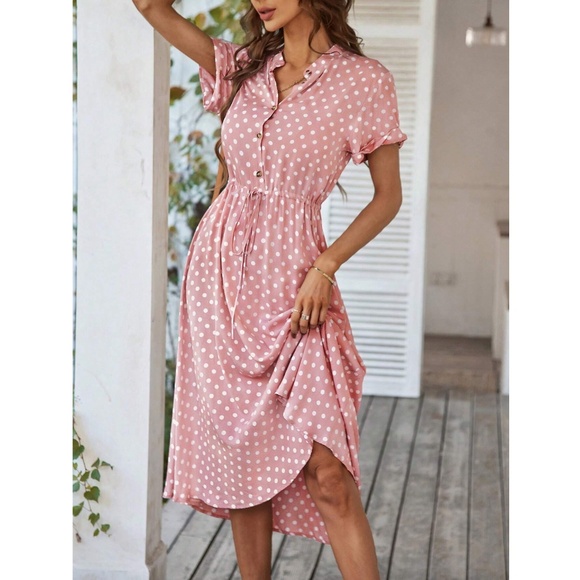 Pink Polka Dot Dress Midi Drawstring Ties Short Sleeve - Picture 5 of 11